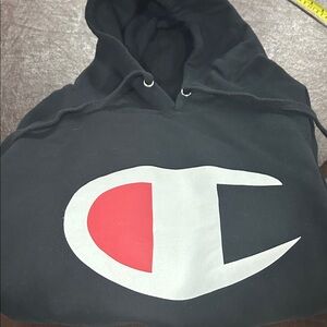 Champion Black Hoodie with Large White and Red Logo